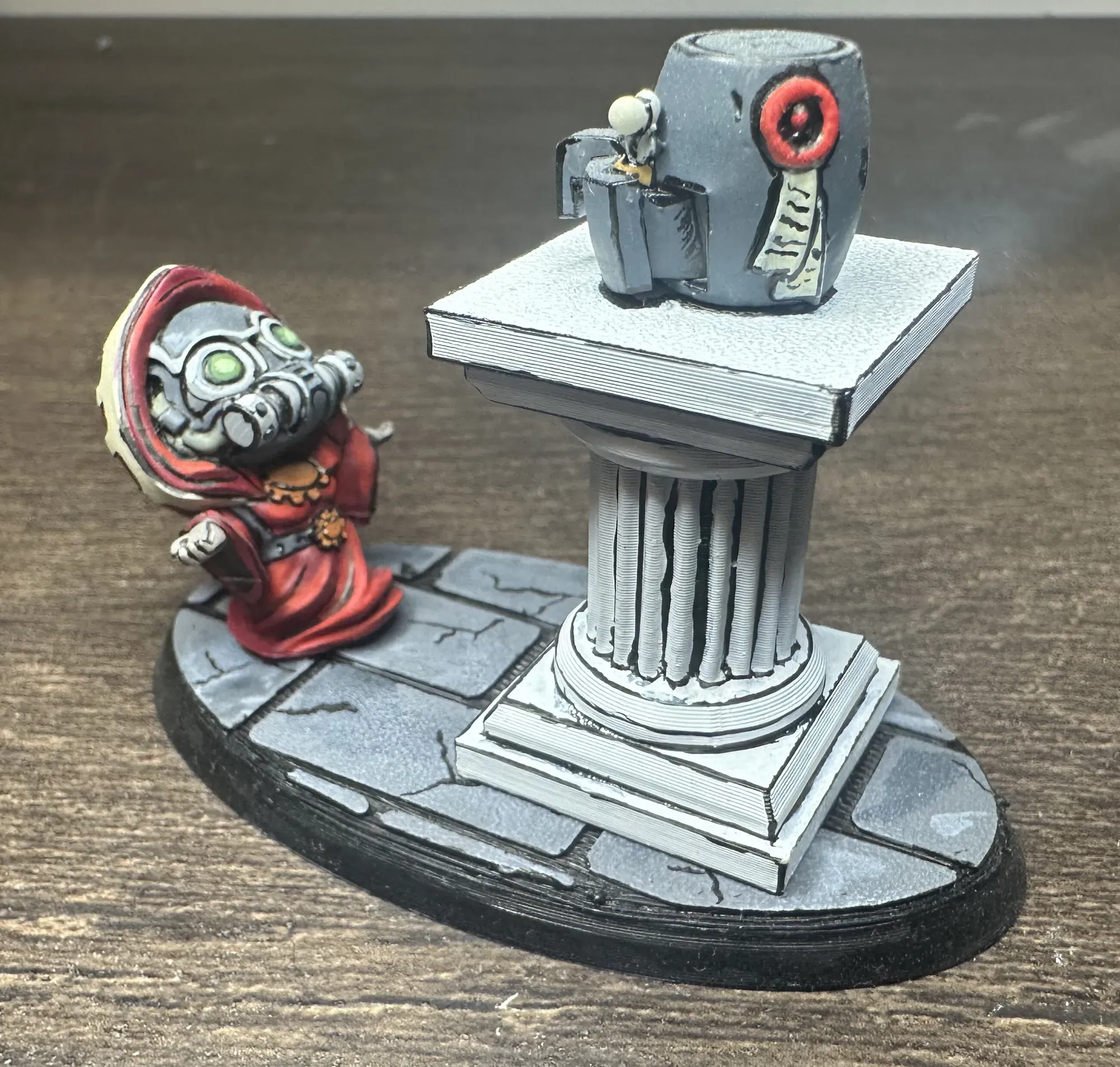 Chibi Adeptus Mechanicus tech-priest praying to an air fryer on a Grecian pedestal, painted in comic book style