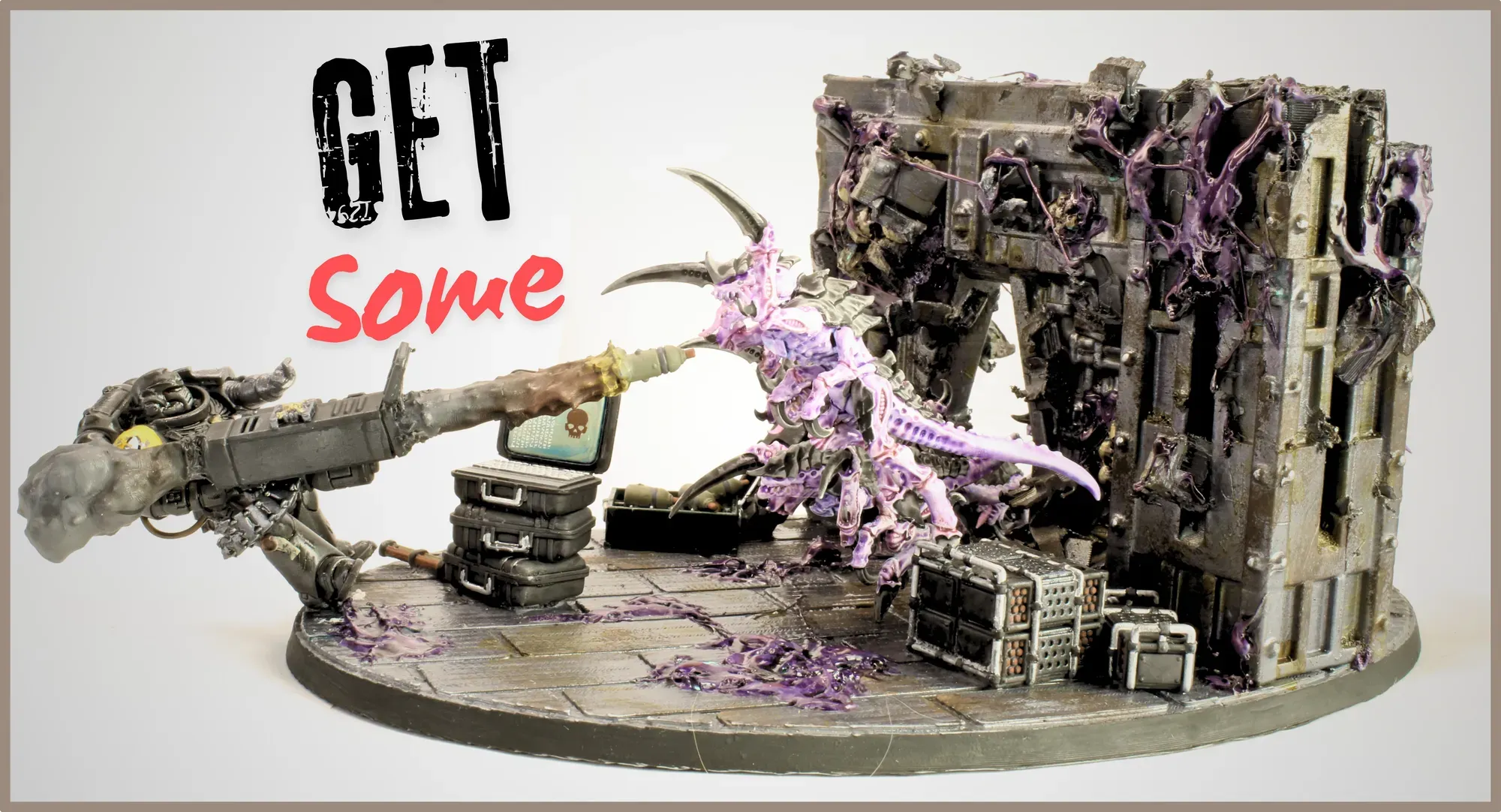 Deathwatch space marine diorama wide shot — a lone marine fires a rocket launcher at point-blank range into tyranids pouring over a bulkhead, with GET Some text overlay