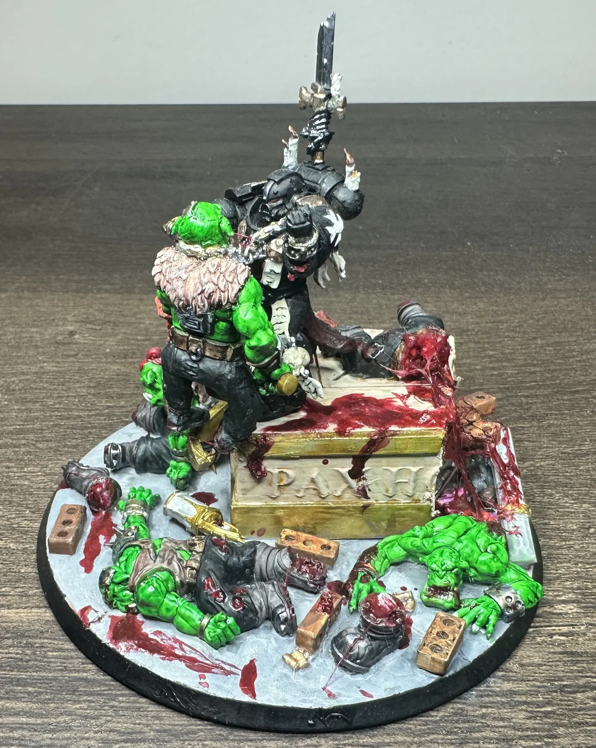 Completed Helsreach diorama showing Grimaldus on a ruined cathedral altar choking an ork