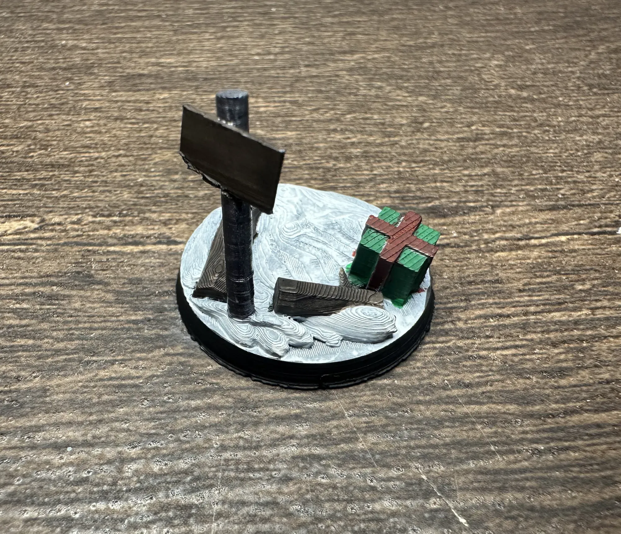 Painted logs, present, and sign miniature base with North Pole waypoint detail