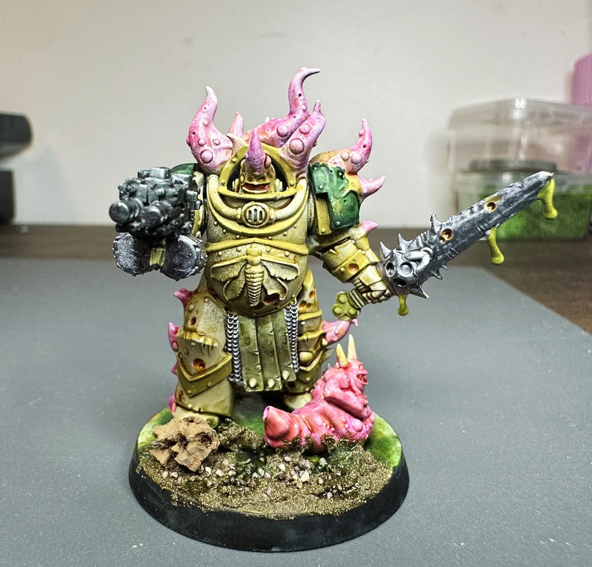 Blightlord Terminator front view with pink tentacles, bone armor, and rusted plague sword dripping ooze